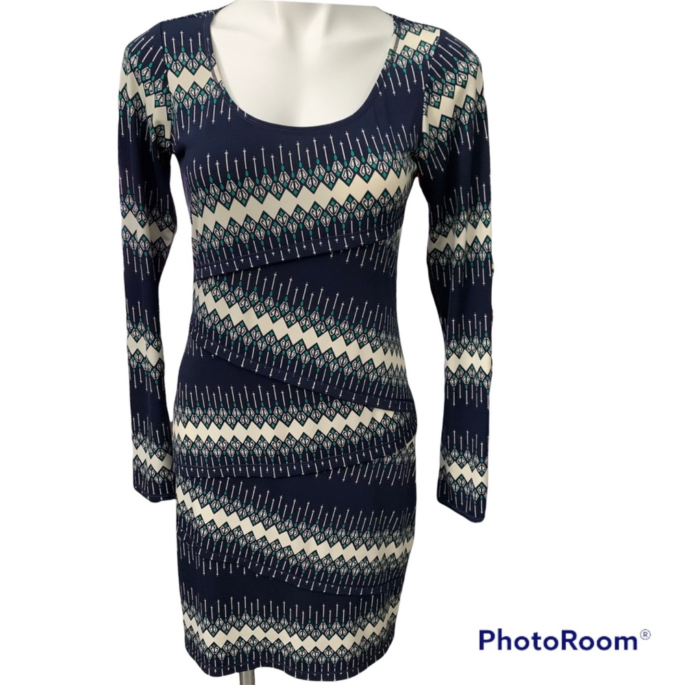Max Studio Long Sleeve Navy Blue Green Cream Stripe Print Dress - Size Small